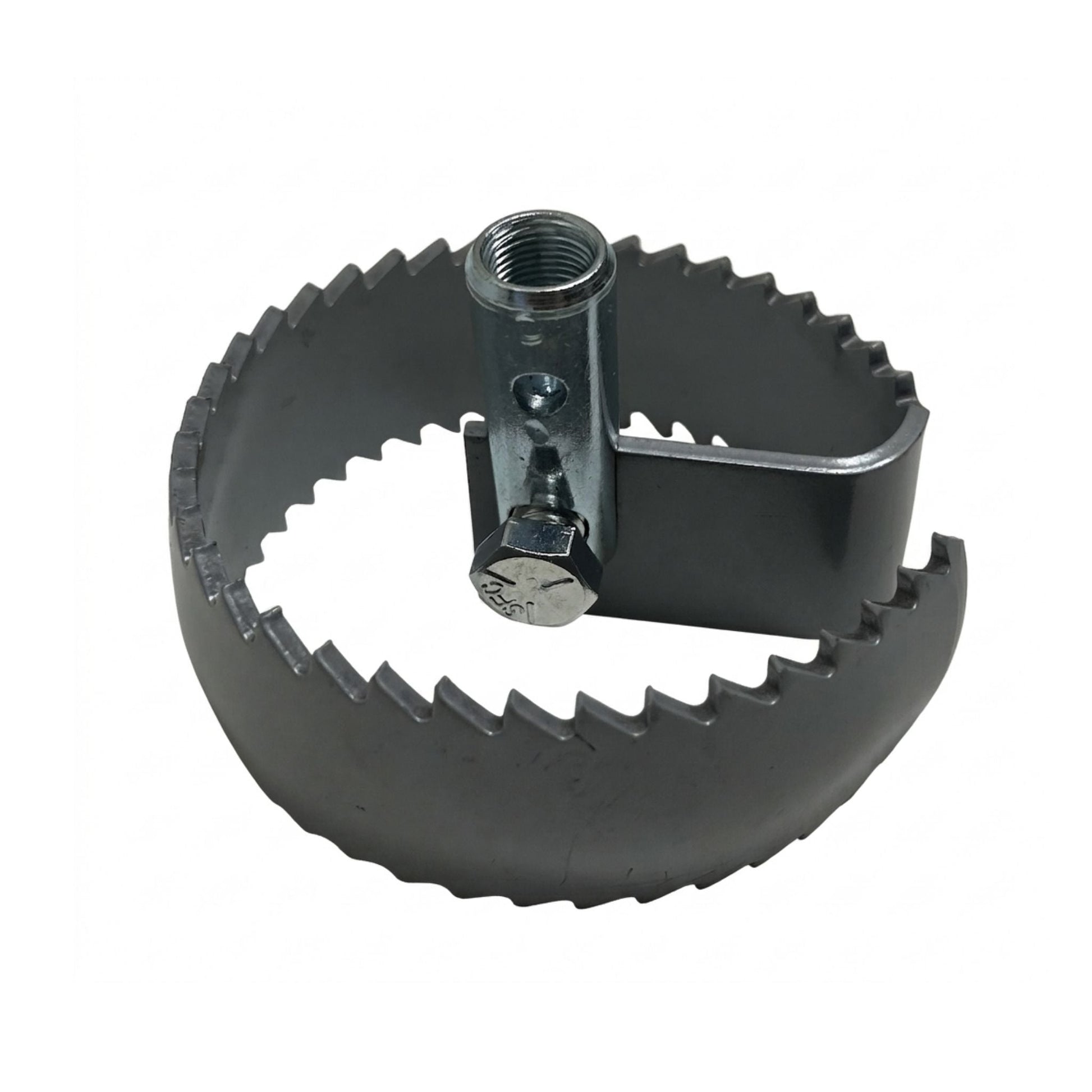 Dura-Max concave root saw for continuous sewer rod set screw front view