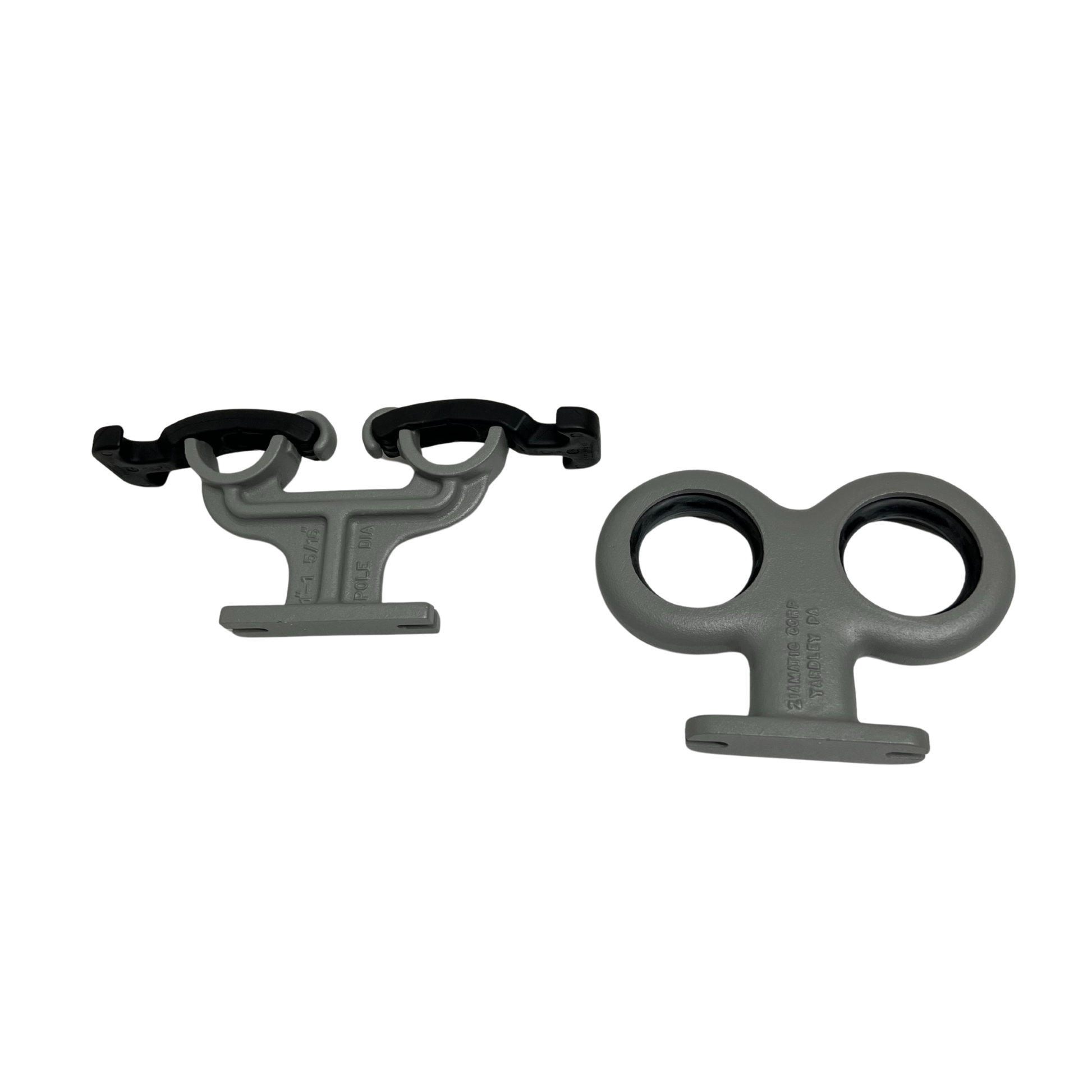 Double fiberglass pole holder set down view for truck-mounted sewer pole storage