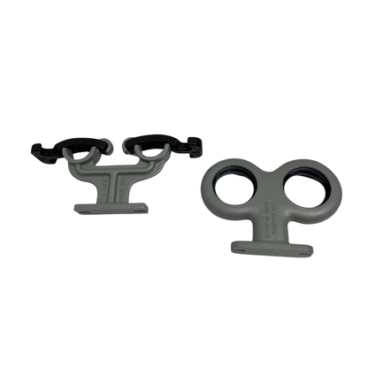 Double fiberglass pole holder set down view for truck-mounted sewer pole storage