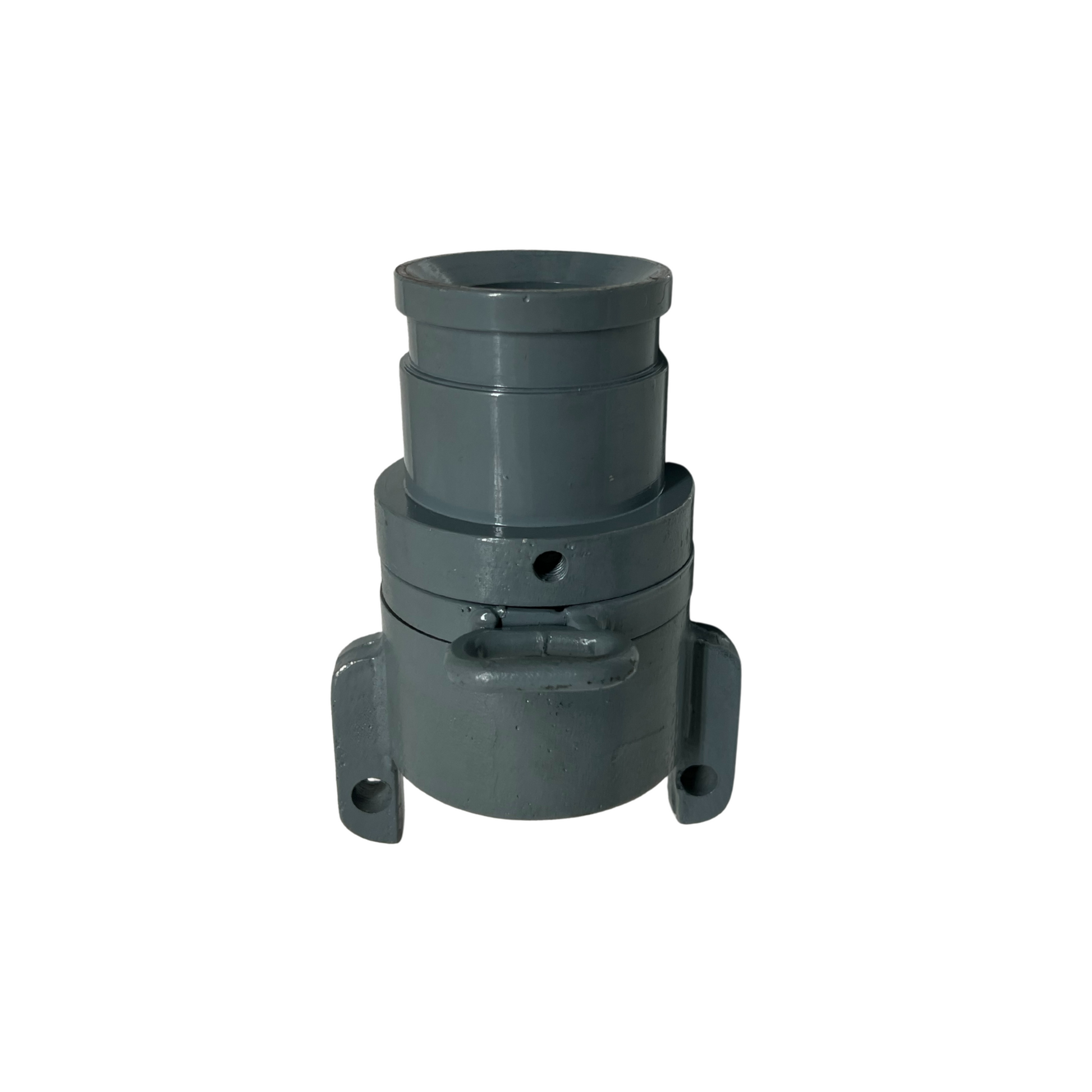 Side view of aluminum male end hose coupling with slip ring for rope connection in sewer rodder setups