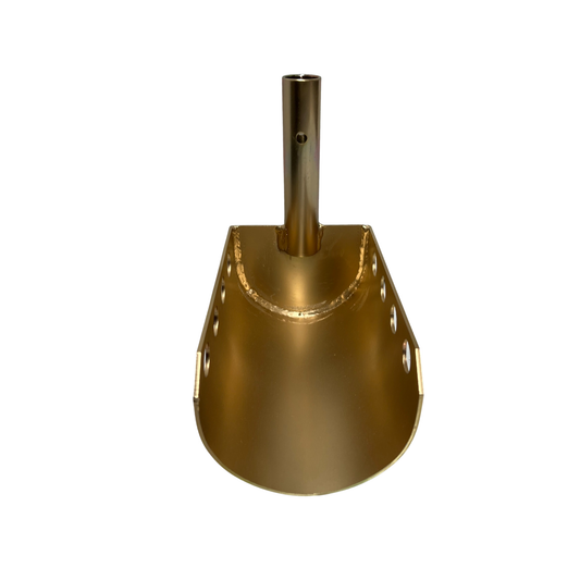 Sewer debris scooper direct front view showing coupling