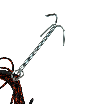 Sewer grappling hook laying down view showing steel hook