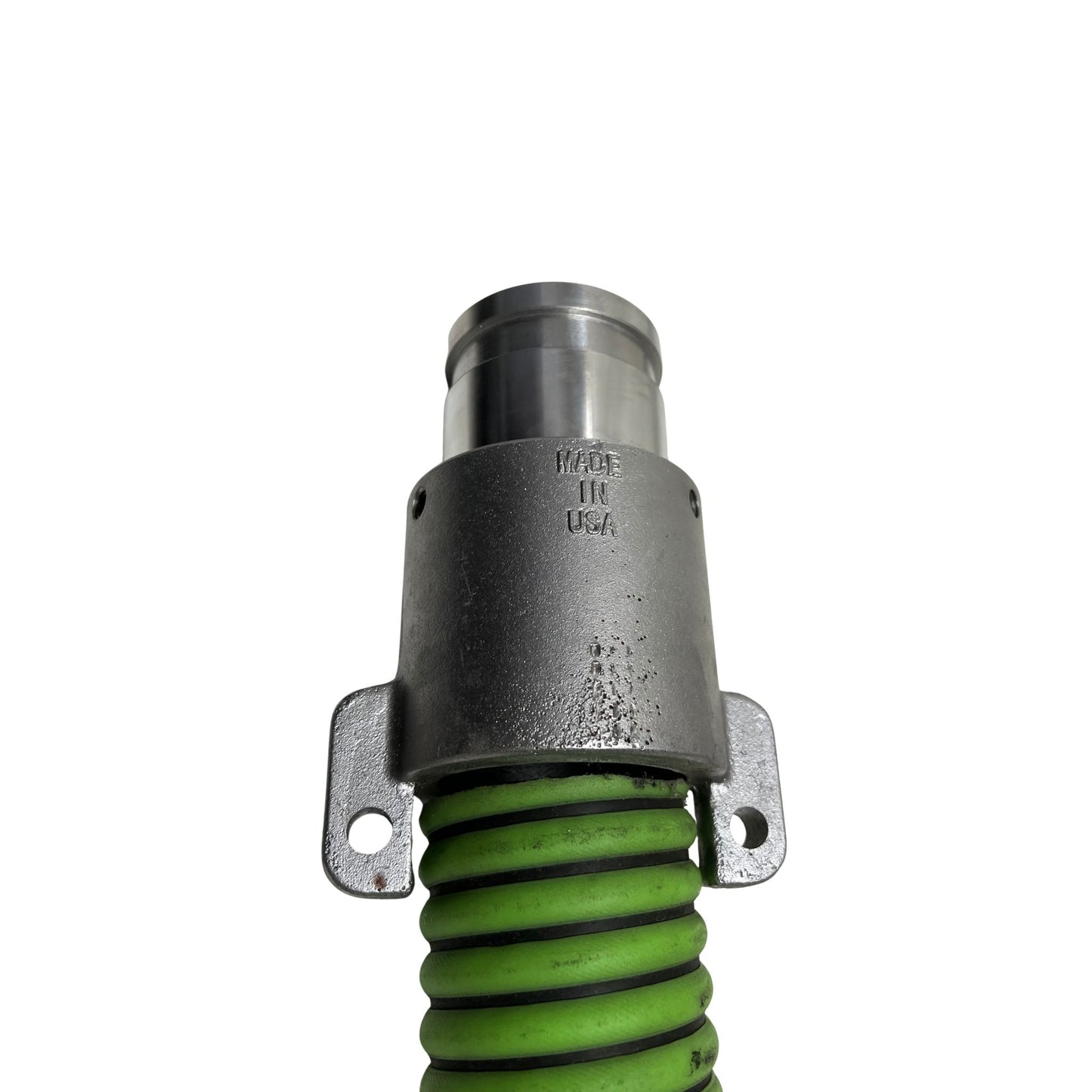front view of below freezing green sewer rod guide hose with flex-metallic liner