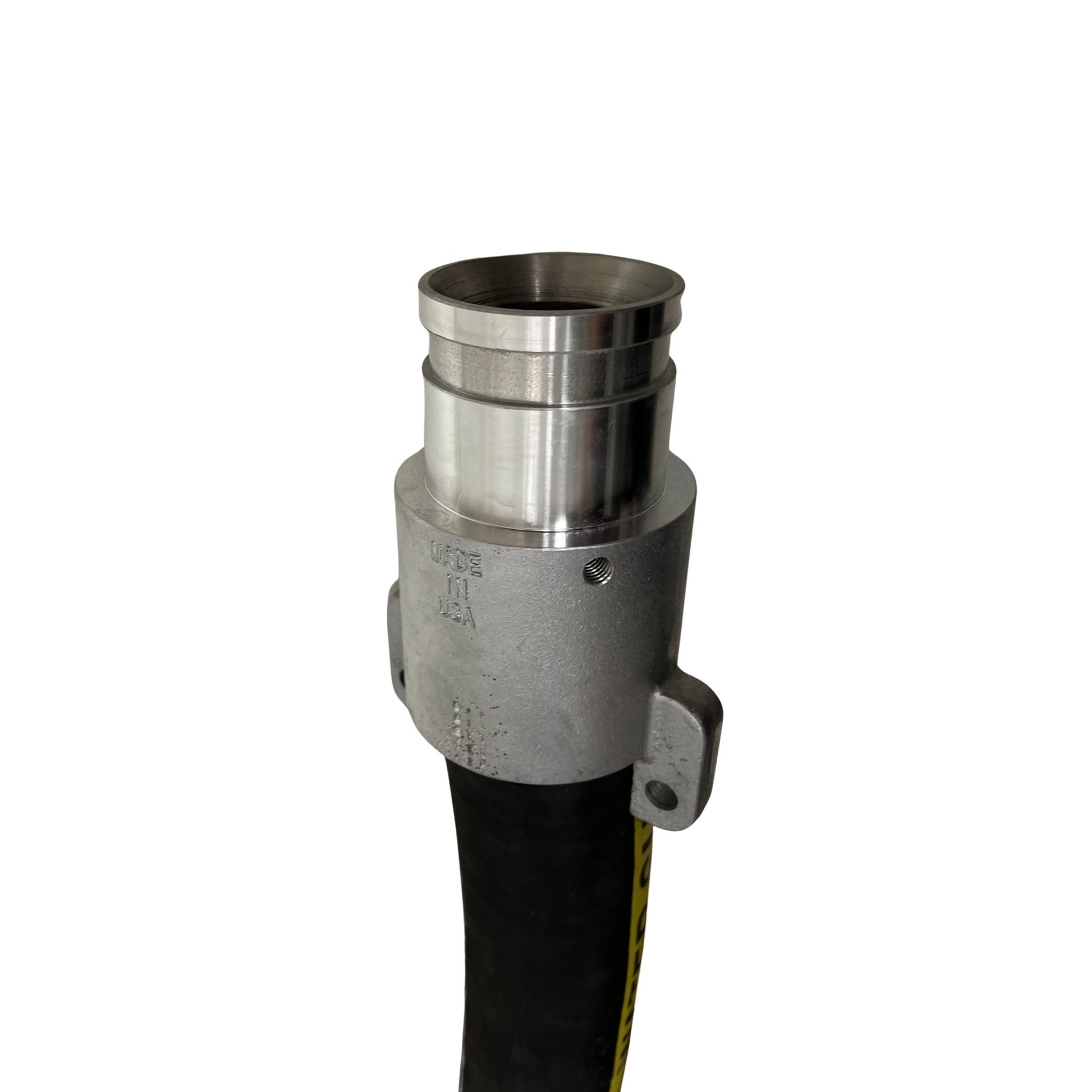 Black heavy duty sewer rod guide hose end view with aluminum ends for sewer rodder systems
