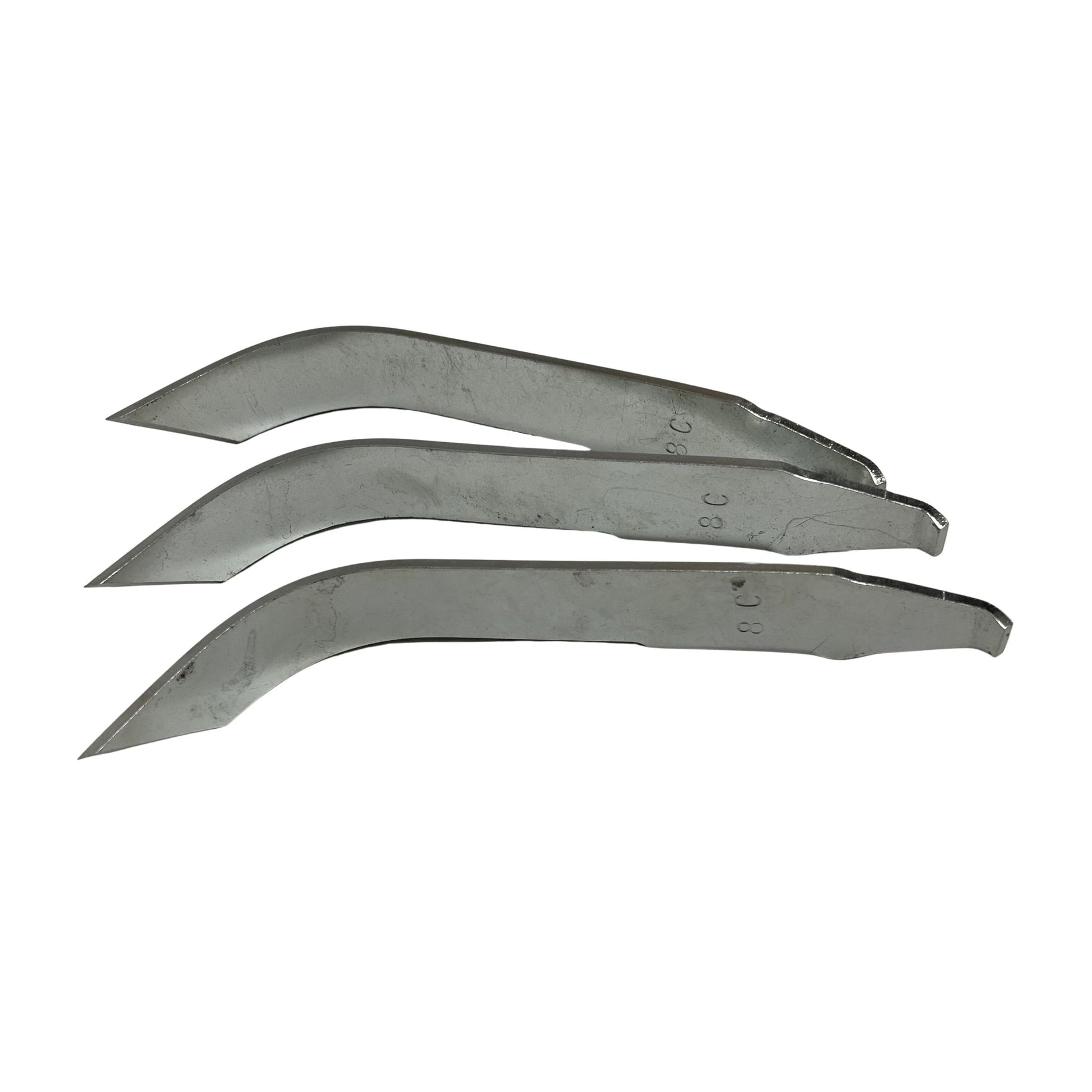 Top view of curved versa-cutter blade for sectional sewer rod root removal