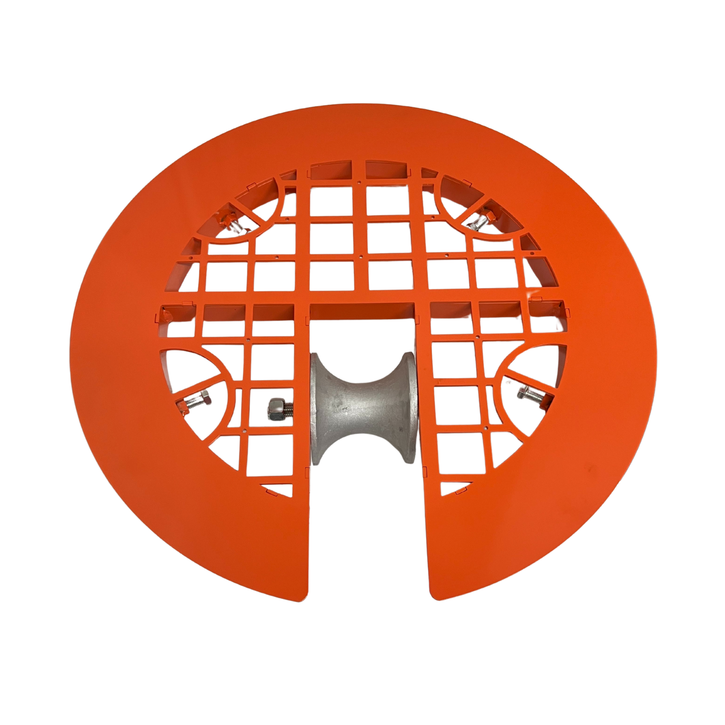 top view of aluminum safety manhole cover with grill-style slotted design