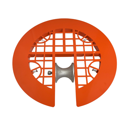 Top view of aluminum safety manhole cover with grill-style slotted design