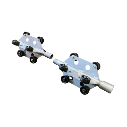 Back view of special wheeled sewer nozzle extension skid wheels